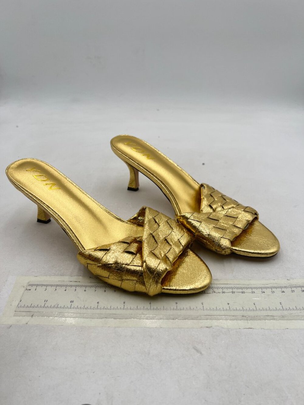 Ydn Gold Open Toe Checkered Pretty High Spool Heels Slide Sandals Slip On Mules View 4